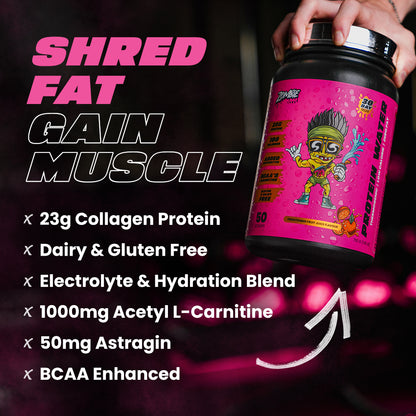 Zombie Shredz protein water feature image highlighting key features: 23 collagen protein, dairy and gluten free, electrolyte and hydration blend, 1000mg acetyl l-carnitine, 50mg astragin, BCAA enhanced