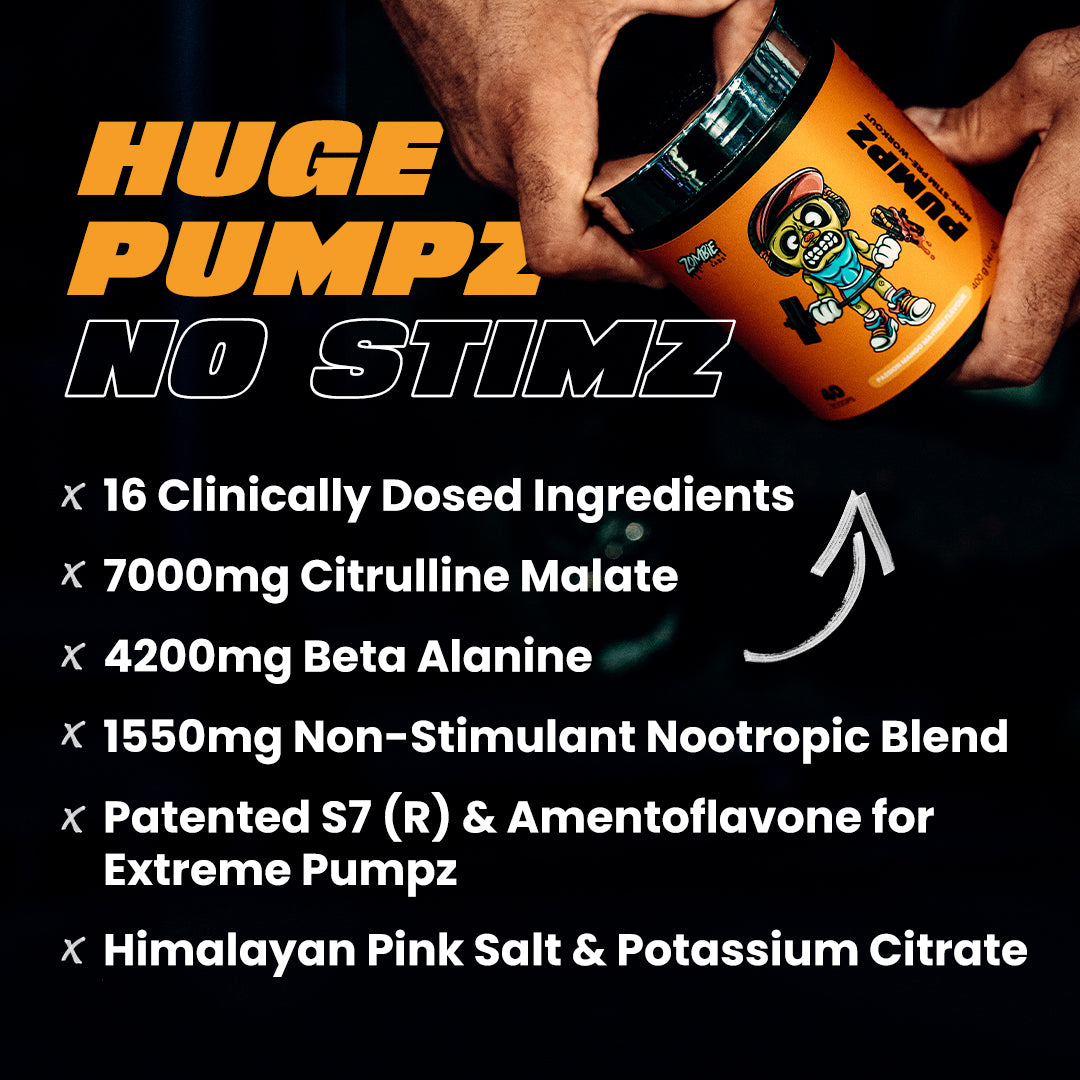 Zombie Labs Pumpz Preworkout feature image with key features: 16 clinically dosed ingredients, 7000mg Citrulline malate, 4200mg Beta Alanine, 1550mg Non-stimulant Nootropic Blend, Patented S7 (R) and Amentoflavone for Extreme Pumpz, Himalayan Pink Salt & Potassium Citrate