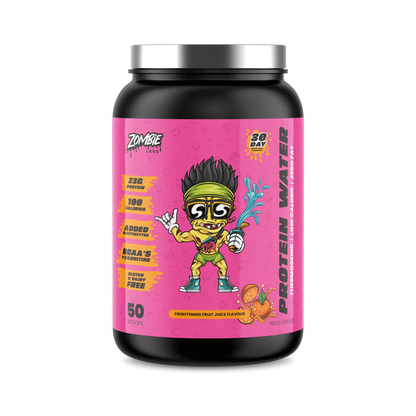 Container of Zombie Labs Shredz Protein Water in Frightening Fruit Juice flavor, featuring 23 grams of protein, 100 calories, added electrolytes, BCAAs, L-carnitine, and is gluten and dairy-free. The vibrant pink label displays a cartoon character with a yellow headband, squirting water.