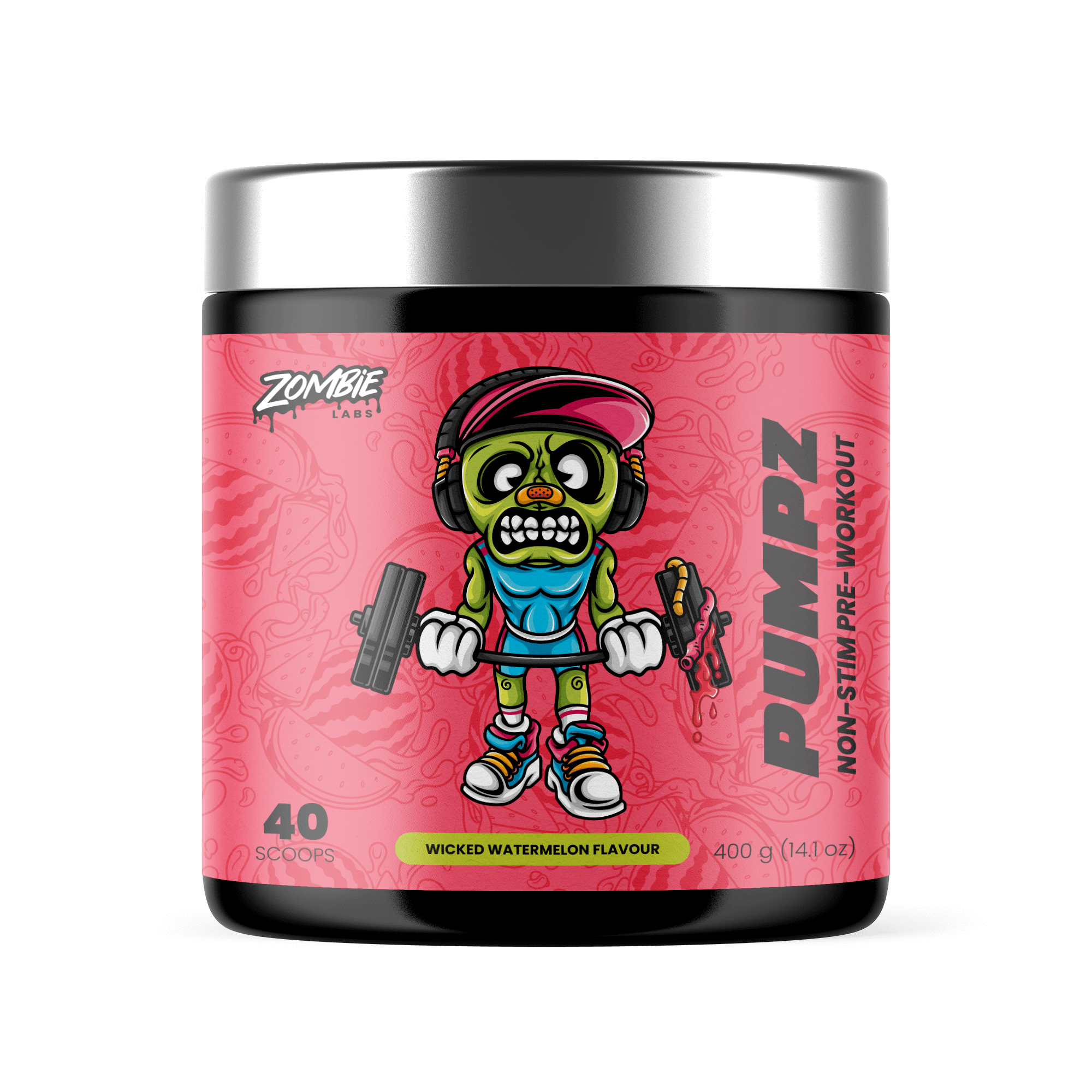 Pink coloured tub of Zombie Labs Pumpz Non-Stimulant Pre-Workout supplement in Wicked Watermelon Flavour with a colourful zombie character lifting weights illustration on the label