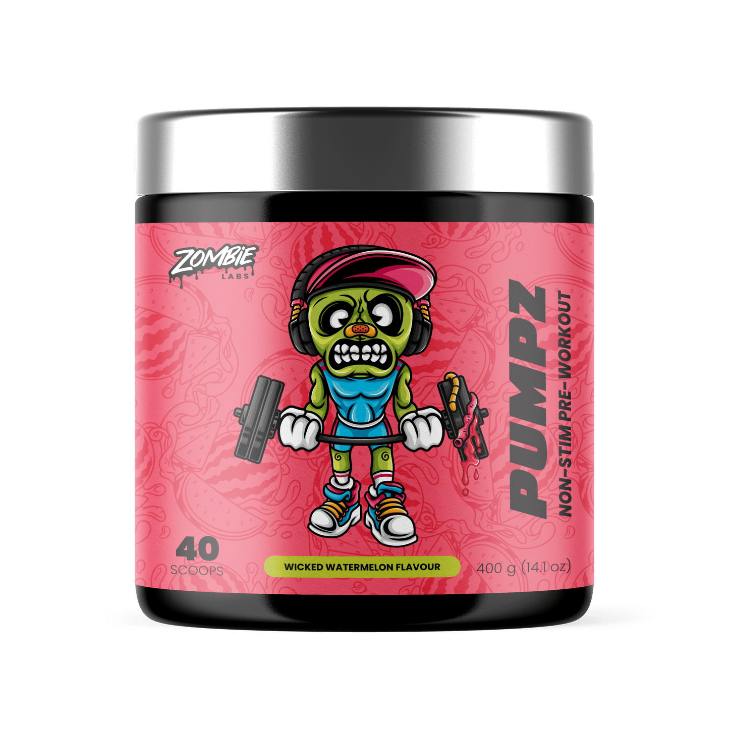 Pink coloured tub of Zombie Labs Pumpz Non-Stimulant Pre-Workout supplement in Wicked Watermelon Flavour with a colourful zombie character lifting weights illustration on the label
