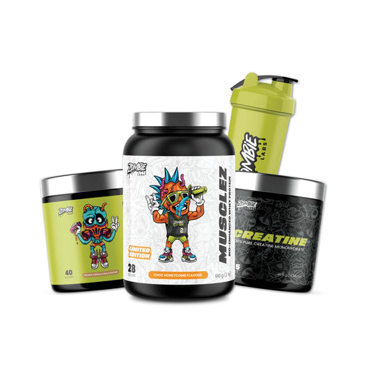 Product Stack from Zombie Labs Supplements showing Infected High Stimulant Preworkout tub, Musclez Bioenhanced Whey Protein, Creatine Monohydrate tub and Green Zombie Labs Branded 600ml shaker