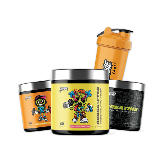 Zombie Gym Essentials featuring Crosseyed Extreme Pre-Workout, Pumpz Non-Stim Pre-Workout, Micronized Creatine Monohydrate, and a vibrant Orange Shaker, all arranged to showcase the ultimate workout stack for energy, focus, muscle growth, and optimal mixing