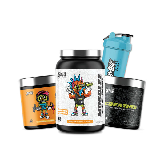 Comprehensive workout supplement setup featuring 40 serve Pumpz for unparalleled vascularity and muscle fullness, 405g Micronized Creatine Monohydrate for strength and size, Musclez Bio-Enhanced Whey Protein for recovery and growth, alongside a vibrant Blue Shaker for perfect mixing. Each product is designed to enhance pumps, focus, endurance, and muscle gains, complete with usage instructions