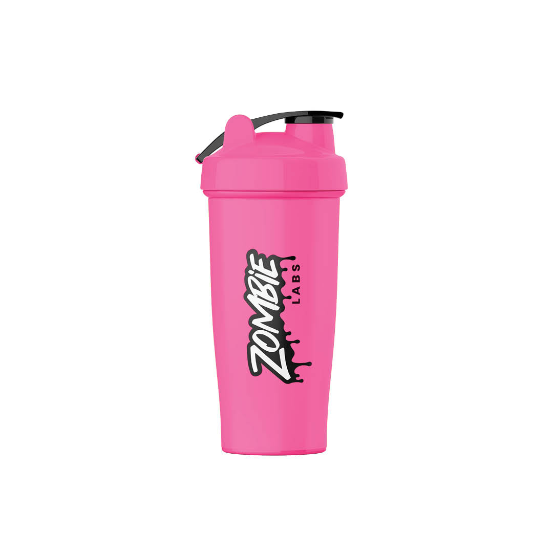 Zombie Labs Pink Shaker Bottle - 700ml. This vibrant pink shaker bottle features the bold Zombie Labs logo, perfect for mixing your favorite supplements on the go. Equipped with a secure flip-top lid and a durable design, it's an essential accessory for any fitness enthusiast.