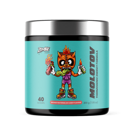 Blue Coloured tub of Zombie Labs Molotov Pre-Workout supplement in Wicked Watermelon Flavour with a colorful zombie character holding a shaker on fire illustration on the labe