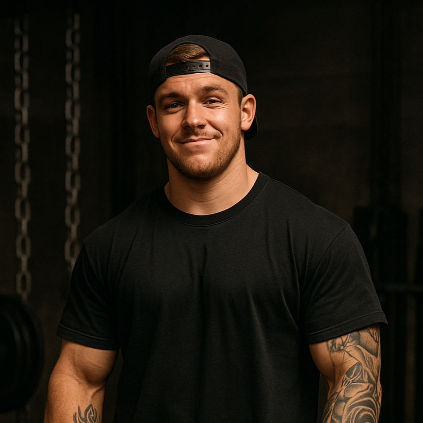 Man wearing a black t-shirt and cap in a dark setting