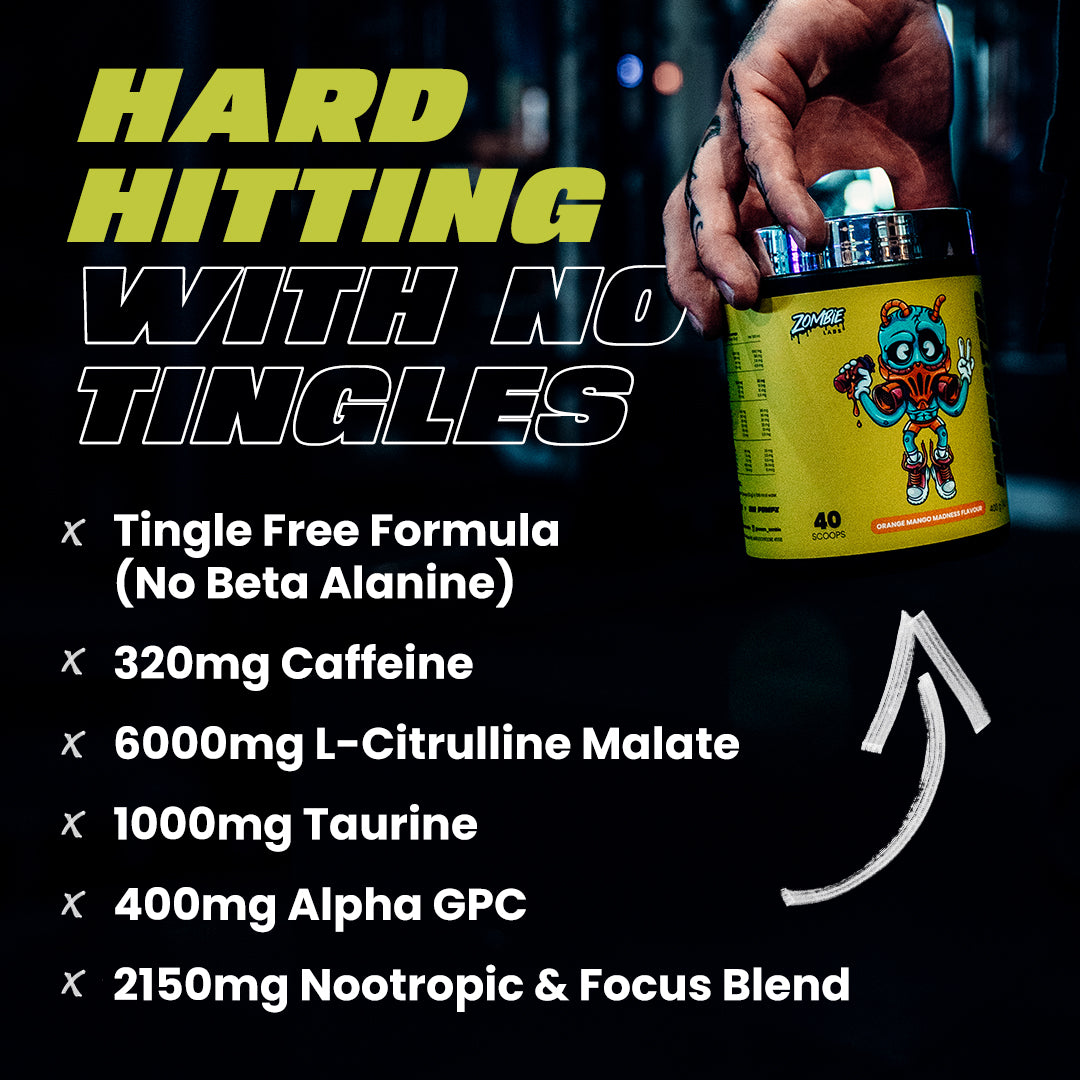 Zombie Labs feature image highlighting Infected Preworkout key benefits: Tingle Free Formula (No Beta Alanine), 320mg Caffeine, 6000mg L-Citrulline Malate, 1000mg Taurine, 400mg Alpha GPC, 2150mg Nootropic & Focus Blend