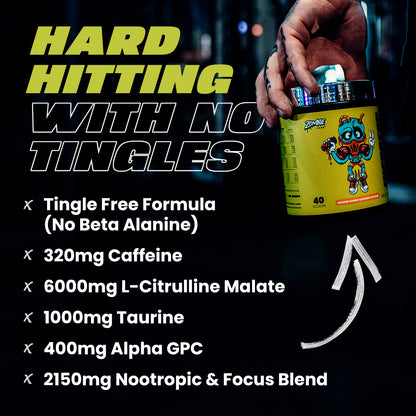 Zombie Labs feature image highlighting Infected Preworkout key benefits: Tingle Free Formula (No Beta Alanine), 320mg Caffeine, 6000mg L-Citrulline Malate, 1000mg Taurine, 400mg Alpha GPC, 2150mg Nootropic & Focus Blend