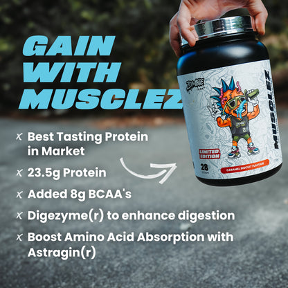 Feature image highlighting benefits of Zombie Labs Musclez Protein Powder: Best Tasting Protein Powder in Market, 23.5g Protein, Added 8g BCAAs, Digezyme(R) to enhance digestion, Boost Amino Acid Absorption with Astragin(R)