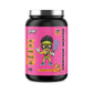 Container of Zombie Labs Shredz Protein Water in Frightening Fruit Juice flavor, featuring 23 grams of protein, 100 calories, added electrolytes, BCAAs, L-carnitine, and is gluten and dairy-free. The vibrant pink label displays a cartoon character with a yellow headband, squirting water.