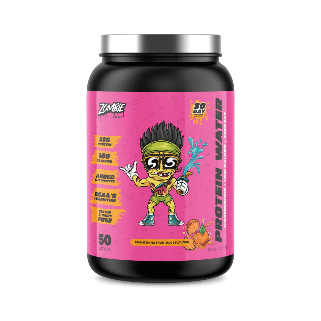 Container of Zombie Labs Shredz Protein Water in Frightening Fruit Juice flavor, featuring 23 grams of protein, 100 calories, added electrolytes, BCAAs, L-carnitine, and is gluten and dairy-free. The vibrant pink label displays a cartoon character with a yellow headband, squirting water.