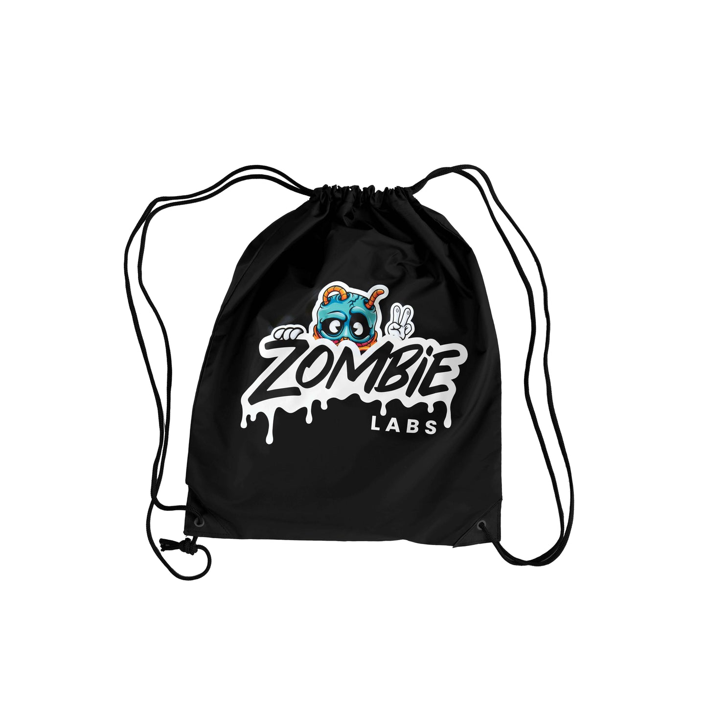 Black drawstring gym bag with bold Zombie Labs logo on the front, ideal for carrying workout essentials.