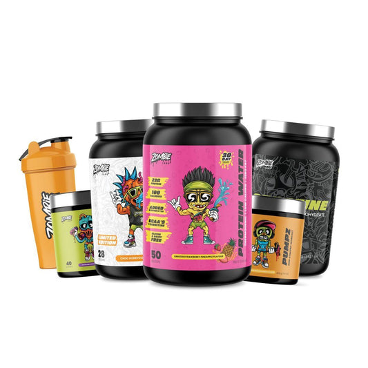 A collection of Zombie Labs supplement products including Protein Water, Musclez whey protein, and other performance supplements, with a yellow Zombie Labs shaker cup.