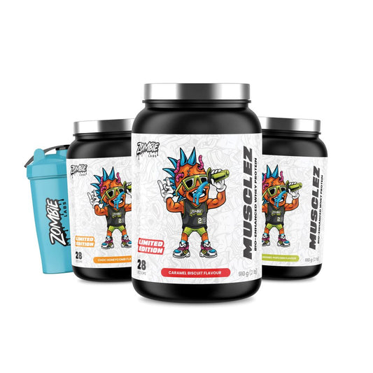 Three containers of Zombie Labs Musclez whey protein in various flavors, accompanied by a blue Zombie Labs shaker cup.