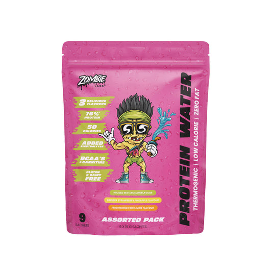 Zombie Labs Protein Water Assorted Pack - 9 Sachets in Three Flavours (Wicked Watermelon, Sinister Strawberry Pineapple, Frightening Fruit Juice). Thermogenic, low calorie, zero fat protein water with added electrolytes, BCAA’s, and Carnitine. Gluten and dairy-free, featuring a vibrant pink packaging with a cartoon zombie character.