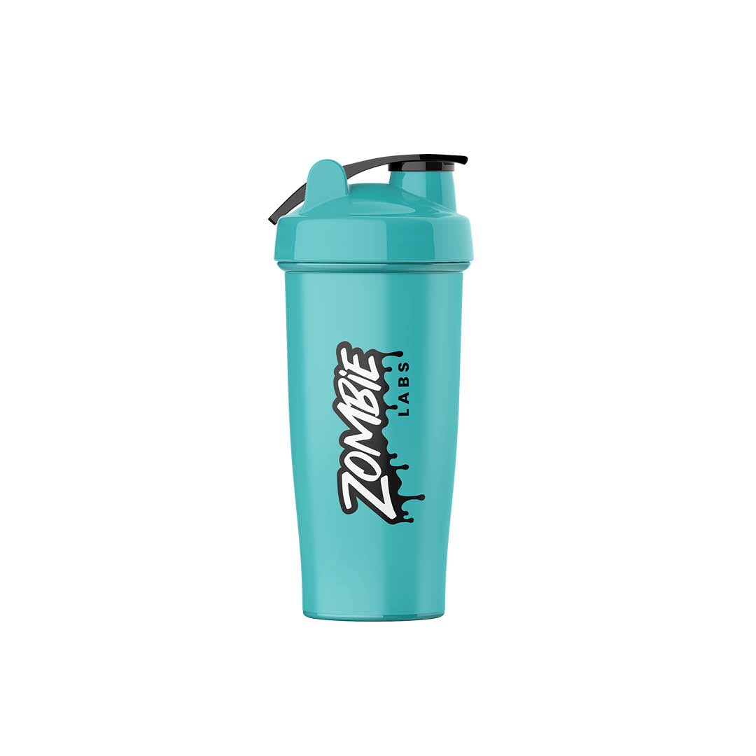 Zombie Labs Blue Shaker Bottle - 700ml. This vibrant blue shaker bottle features the bold Zombie Labs logo, perfect for mixing your favourite supplements on the go. Equipped with a secure flip-top lid and a durable design, it's an essential accessory for any fitness enthusiast.