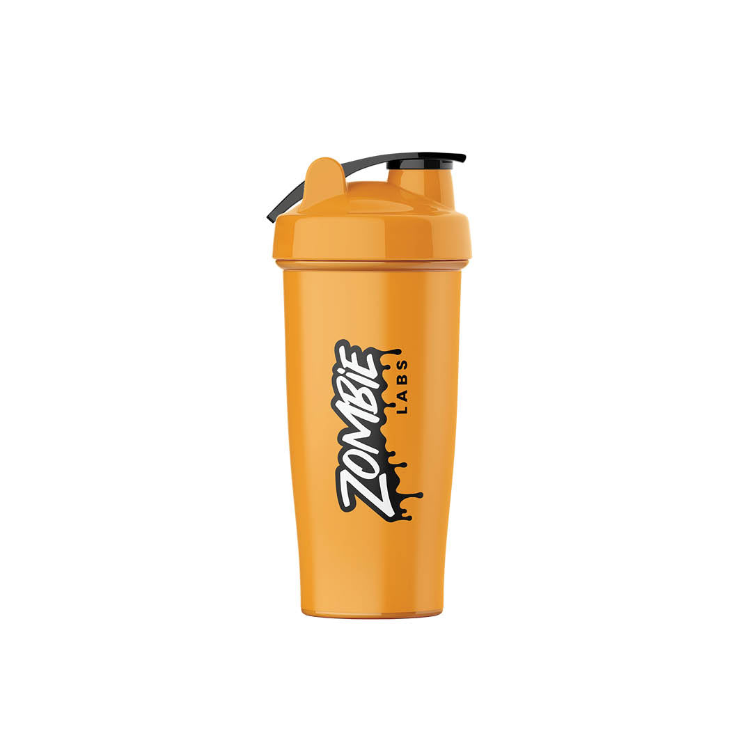 Zombie Labs Orange Shaker Bottle - 700ml. This vibrant orange shaker bottle features the bold Zombie Labs logo, perfect for mixing your favourite supplements on the go. Equipped with a secure flip-top lid and a durable design, it's an essential accessory for any fitness enthusiast.