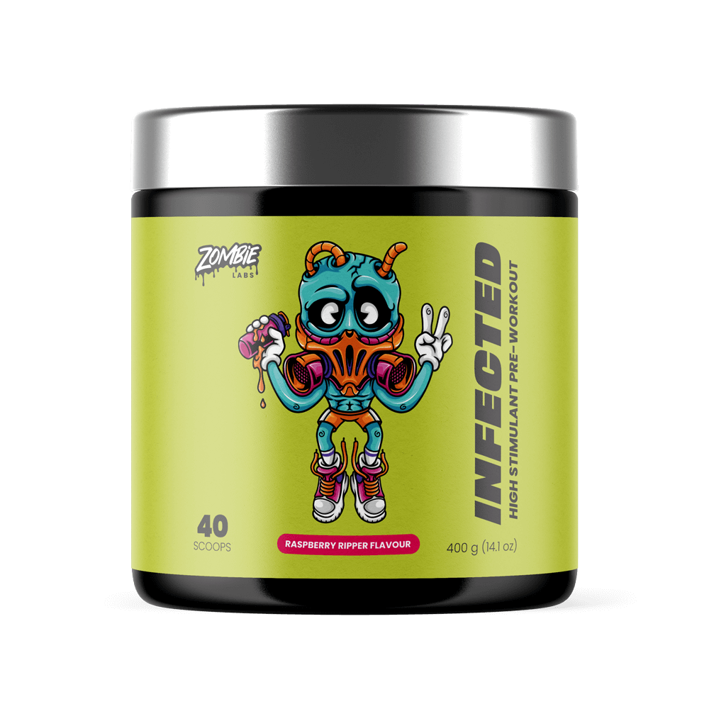 Green Tub of Zombie Labs Infected High Stimulant Pre-Workout supplement in Raspberry Ripper Flavour with a colorful zombie character holding a shaker illustration on the label