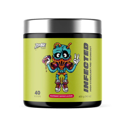 Green Tub of Zombie Labs Infected High Stimulant Pre-Workout supplement in Raspberry Ripper Flavour with a colorful zombie character holding a shaker illustration on the label