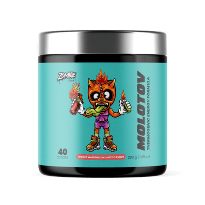 Blue Coloured tub of Zombie Labs Molotov Pre-Workout supplement in Wicked Watermelon Flavour with a colorful zombie character holding a shaker on fire illustration on the labe